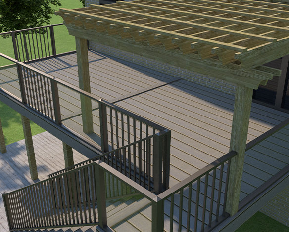 3D rendering of a deck with a pergola
